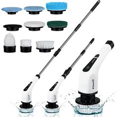 four different brushes and cleaning brush attachments on top of each other in the water