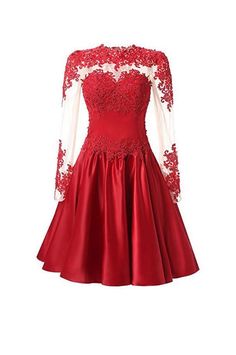 A Line Long Sleeves Applique Homecoming Dresses Red Dress With Sleeves, High Neck Homecoming Dresses, Pretty Homecoming Dresses, Prom Dress Short Lace, Make Your Own Dress, Dress With Sleeves, Outfit Trends, High Neck Long Sleeve