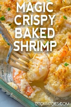 a close up of a casserole dish with shrimp and bread crumbs