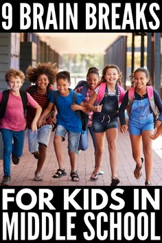 a group of children walking down a sidewalk with the words 9 brain breaks for kids in middle school