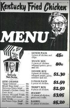 the menu for kentucky fried chicken is shown in black and white, with an image of a man's face on it