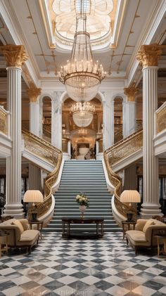 an elegant lobby with chandeliers and checkered flooring is pictured in this image