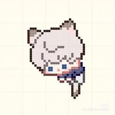 a cross stitch pattern of a white cat wearing a blue and red bow tie with his eyes closed