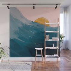 an ocean scene with waves and sun in the background wall mural