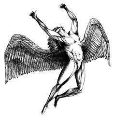 a drawing of a man with wings on his back and arms stretched out to the side