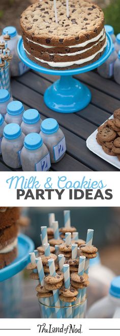 dessert table with cookies and milk bottles on it for a birthday party or baby shower