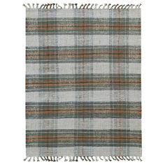 a plaid rug with fringes on the bottom and an orange, green, grey and white