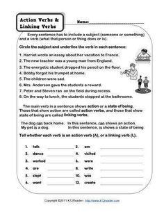 the worksheet for action verbs and linking words is shown in this image