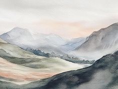 watercolor painting of mountains and hills in the distance with pink sky behind them on white paper