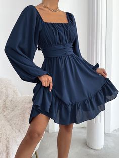 Ruffle Hem Dress, Dresses For Teens, Lantern Sleeve, Outfit Casual, Hem Dress