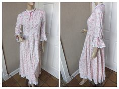 Pink Floral Prairie or Colonial Style Dress Nice dress that I believe is made of a cotton or cotton blend fabric.  There are no labels or tags.  This dress would best fit a M-L.  It has a back zipper.  Good condition with no stains, holes, tears.  I did note that the front seam needs reinforced.   Please check measurements prior to buying.  Measurements: Bust=38", Waist=30", Skirt=full, Length from waist is 38" Feel free to ask questions prior to buying. I will be happy to answer!! Cotton Victorian Dress With Long Sleeves In Cottagecore Style, Cotton Long Sleeve Victorian Cottagecore Dress, Cottagecore Victorian Dress With Long Sleeves, Fitted Cotton Victorian Dress For Costumes, Fitted Cotton Victorian Dress For Daywear, Spring Cotton Prairie Dress For Daywear, Fitted Prairie Dress For Daywear, Fitted Cotton Victorian Dress In Cottagecore Style, Cotton Cottagecore Victorian Dress For Spring