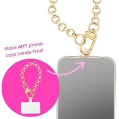 an image of a cell phone case with a chain attached to it and the text make any phone case hands - free