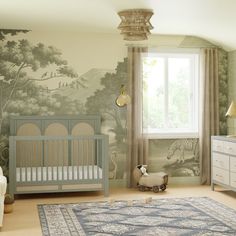 a baby's room with a crib, dresser and bed in front of a window