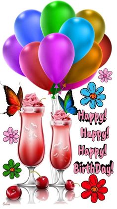 happy birthday card with two glasses and balloons