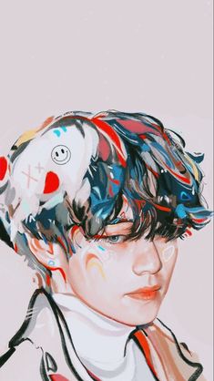 a painting of a boy with his head covered in buttons