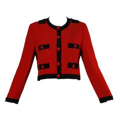 Vintage two-tone color block jacket in red and black by Cheap and Chic by Moschino. Fully lined with front button closure. Velcro closure at collar and on sides. Fabric: 52% Rayon/ 48% Acetate. The marked size is I 44/ US 10/ GB 12/ F 40/ D 40, and the jacket fits like a modern medium. The measurements are as follows: Bust: 38", Waist: 38", Shoulders: 16", Sleeve Length: 22", Total Length: 19". Excellent vintage condition with no noted flaws. Fran Fine Outfits, Moschino Vintage, Luxury Jacket, Outfit Png, Moschino Cheap And Chic, Color Block Jacket, Coat Design, Vintage Jackets, Fantasy Fashion