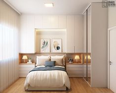 a bedroom with white walls and wooden floors