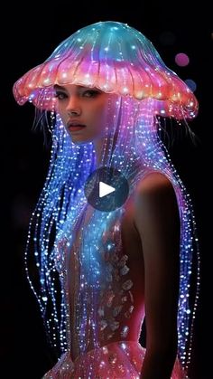 a woman in a dress with jellyfish on it's head and lights all over her body