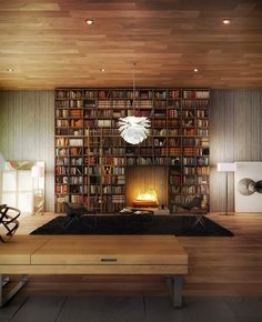 a living room filled with furniture and a fire place in front of a bookshelf