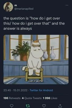 a cartoon bear sitting on top of a chair in front of a window with the caption that reads, the question is how do i get over and the answer is always