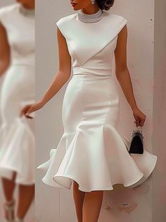 Plain Spring/Fall Elegant Regular Fit Long Sleeve Raglan Sleeves Bodycon Regular No Party Dresses for Women Ivory Wedding Guest Dress, Formal White Dress With Sleeves, Vintage Church Dress, Step Mom Wedding Attire, Elegant Christmas Party Dress, Graduation Photo Dress, Dress For 50 Year Old Women, White Dresses For Church, Casual Mother Of The Bride Dresses