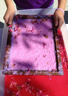 a person holding a tray with pink food in it and petals on the ground next to them