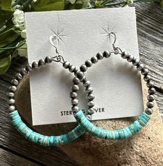 Sterling Silver Turquoise Heishi Oxidized Pearls Bead Hoop Earrings. 2.4 Inch Measurement: 2.4 Inch by 1.75 inch Best Offers Accepted! Small Hoop Turquoise Beaded Jewelry, Artisan Turquoise Hoop Earrings, Turquoise Nickel-free Small Hoop Beaded Earrings, Artisan Nickel-free Turquoise Hoop Earrings, Adjustable Turquoise Earrings With Spacer Beads, Southwestern Turquoise Hoop Earrings For Gift, Southwestern Turquoise Hoop Earrings As Gift, Turquoise Dangle Earrings With Polished Beads, Bohemian Polished Beads Turquoise Earrings