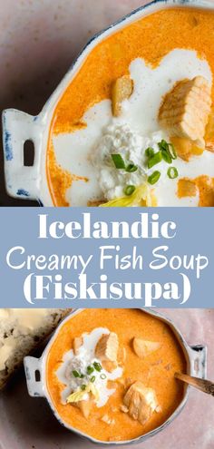 two bowls filled with creamy fish soup on top of a pink plate and the words icelandic creamy fish soup fisupa