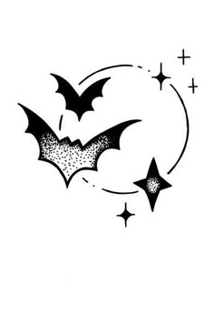 a black and white drawing of bats flying in the sky with stars around them on a white background