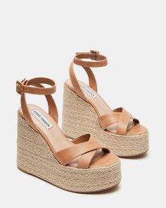 LULAH Cognac Leather Raffia Wedge | Women's Sandals – Steve Madden Summer Wedges Shoes, Wedge Outfit, Summer Shoes Wedges, Tan Wedge Sandals, Heel Wedges, Strappy Wedge Sandals, Beige Wedges, Heels Aesthetic, Steve Madden Wedges