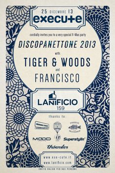 a poster for an event with flowers and other things in the background that reads, discoparettone 2013 tiger & woods san francisco