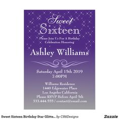 a purple and silver birthday party card with the words sweet sixteen on it's front