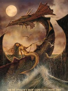 a painting of a woman riding on top of a dragon next to another creature in the ocean