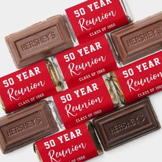 hershey's 50 year reunion candy bar wrappers are shown in red and white