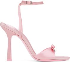 Satin heeled sandals in pink. Crystal-cut logo hardware and bow accent at vamp. · Open almond toe · Adjustable criss-crossing ankle strap · Logo stamp at padded footbed · Covered stiletto heel with rubber injection · Buffed leather sole · Heel: H4 in Supplier color: Prism pink June Vibes, Formal Ideas, Pink Dahlia, Cute Shoes Heels, Prom Inspo, Bow Heels, Satin Heels, Sandal Heels, Pink Heels