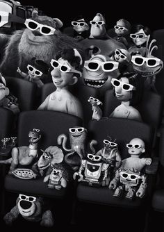 black and white photograph of people wearing 3d glasses in the movie theater with monsters on seats