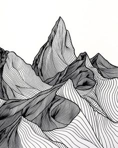 a black and white drawing of mountains with wavy lines on the mountain tops in front of them