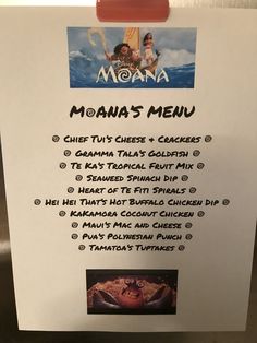 the menu for moan's menu is posted on a refrigerator door