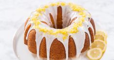 a lemon bunt cake on a white plate