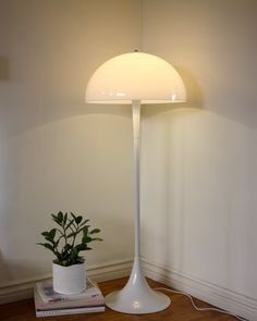 a white lamp sitting on top of a wooden floor next to a potted plant