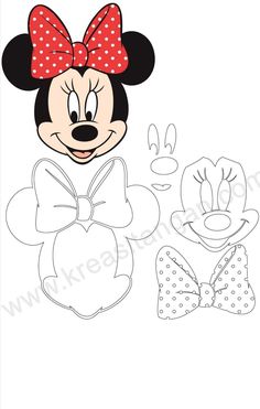 mickey and minnie mouse cut outs with bows on their heads, one is wearing a red bow