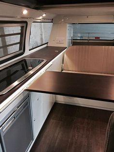 an empty kitchen area in a recreational vehicle