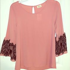 Cute Blouse With Black Lace Detail On The Sleeves. Excellent Condition. Never Worn. Size Small Cute Blouses, Lace Detail, Black Lace, Pink Ladies, Top Blouse, Blouses, Womens Tops, Lace, Pink