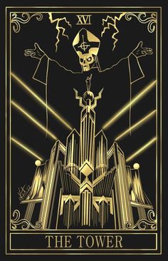 the tower tarot card is shown in gold and black, with an image of a skeleton