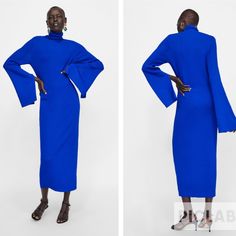 Love Vibrant Blue Color! High Collar And Long Sleeves With A Flair. Blue Stretch Maxi Dress For Fall, Blue Stretch Midi Dress For Winter, Blue Midi Dress For Winter Evenings, Zara Blue Midi Dress For Work, Long Ribbed Dress, Ribbed Dress, Vibrant Blue, Zara Dresses, High Collar