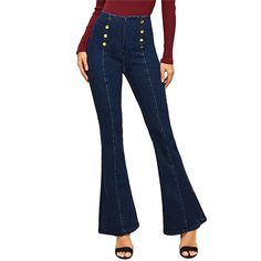 The unique style and detail on these denim pants is sure to make them a new favorite in your wardrobe. Featuring front stitching with button detail and flare legs. These pants pair perfectly with our bodysuits, tops and sweater; add wedges or booties and you are ready to rock your look. Made with a polyester, spandex and cotton blend for comfort and style. Trendy Winter Flare Jeans, Trendy Full-length Flare Jeans For Winter, Winter Full Length Flare Jeans, Winter Full Length Denim Flare Jeans, Winter Wide Leg Retro Jeans, Winter Dark Wash Mid-rise Flare Jeans, Retro Wide Leg Winter Jeans, Mid-rise Button Closure Flare Jeans For Fall, Cotton Fitted High-waisted Flare Jeans