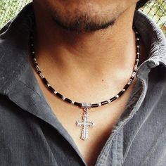 Mens Cross Necklace Metal Pendant Black Onyx by mamisgemstudio, $31.95 Crucifix Jewelry With Black Beads As Gift, Black Beaded Crucifix Jewelry, Masculine Necklace, Beaded Necklace For Men, Mens Accessories Necklace, Mens Accessories Vintage, Men Necklaces, Mens Accessories Bracelet, Men's Necklaces