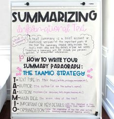 a white board with writing on it that says summarizing information text, how to write your summit paragraph the tamo strategy