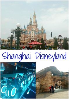 the shanghai disneyland theme park is shown in this collage with images of people walking around it