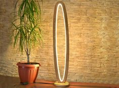 a potted plant sitting on top of a wooden table next to a tall lamp